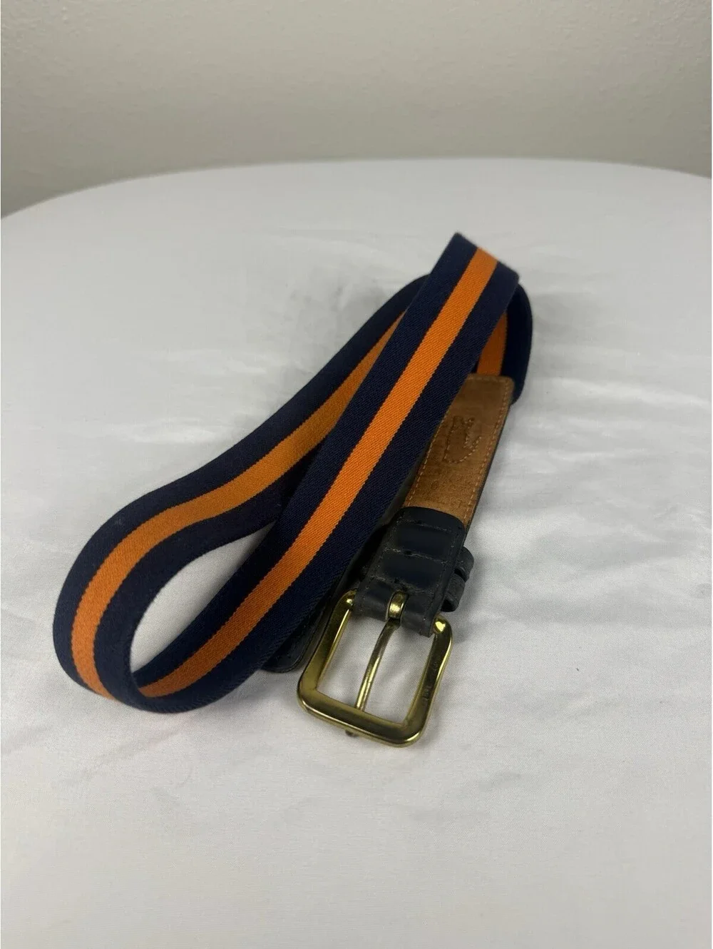 Vintage Lacoste Belt Mens 34 Navy Orange Stripe Webbing Leather Crocodile Preppy
